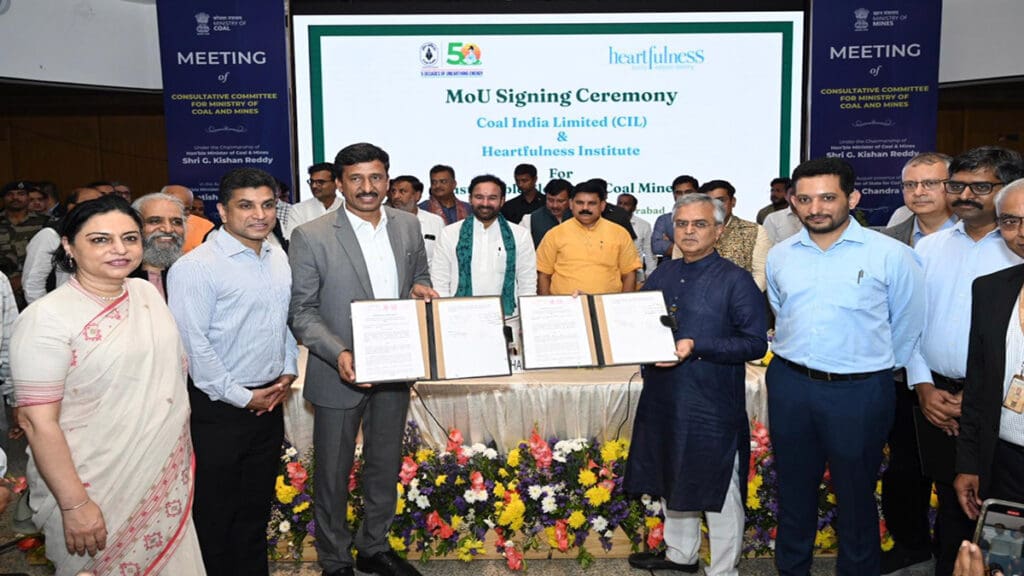 "Officials from CIL, SCCL, and Heartfulness Institute signing a Memorandum of Understanding for sustainable mine restoration and community livelihoods"